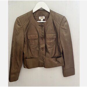 TALBOTS Vintage Collarless Metallic Gold Leather Jacket Button up Lined Size 2
